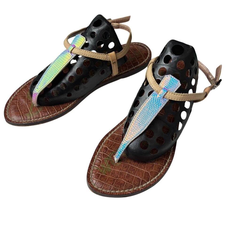 Sam Edelman Iridescent Pink Blue Sandals 6.5 Gigi Thong T Strap Snake Leather